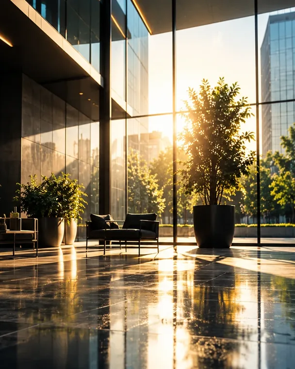 Moderne Eingangshalle mit Glasfront, dunklem Metall und Pflanzen im warmen Licht
