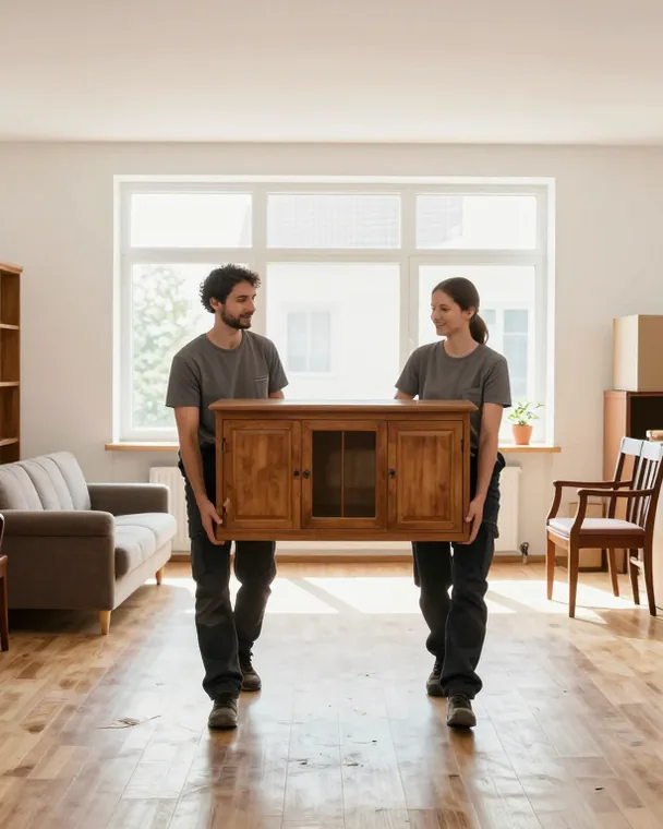 Entrümpelung: Zwei Personen tragen einen Holzschrank durch eine geräumte Wohnung mit Umzugskartons