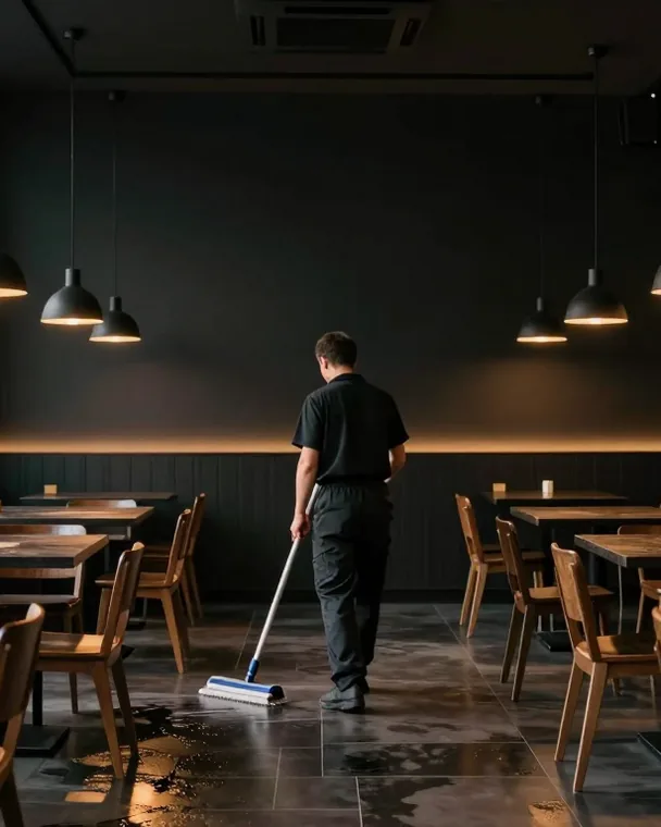 Gastronomiereinigung: Person wischt nach Betriebsschluss den Boden eines Gastraums mit Holztischen unter Pendelleuchten