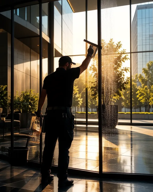 Gebäudereinigung: Reinigungskraft zieht einen Abzieher über eine Glasfront im Gewerbegebäude bei Sonnenuntergang.