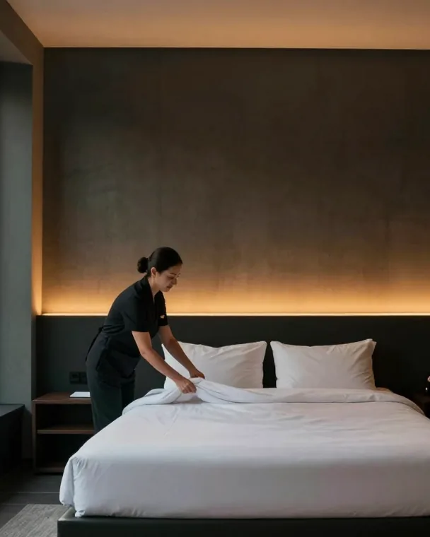 Hotelreinigung: Person streicht das weiße Bettlaken in einem ruhigen Hotelzimmer im warmen Abendlicht glatt