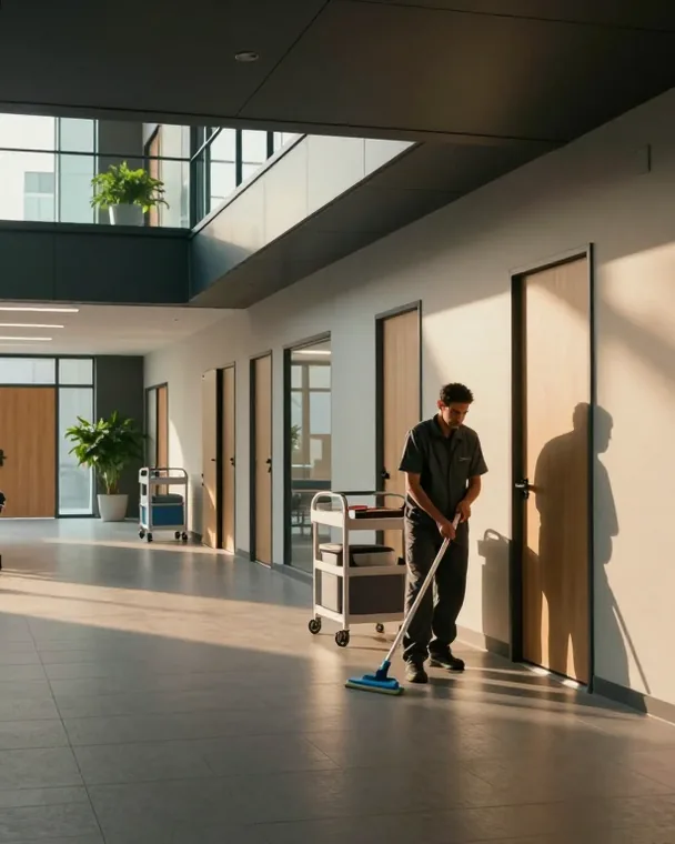 Praxisreinigung: Reinigungskraft wischt den Flur einer modernen Arztpraxis mit Behandlungsräumen