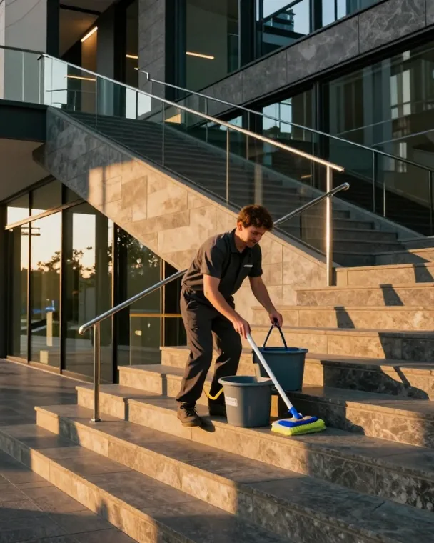 Treppenhausreinigung: Reinigungskraft wischt eine Steintreppe mit Eimer und Wischer