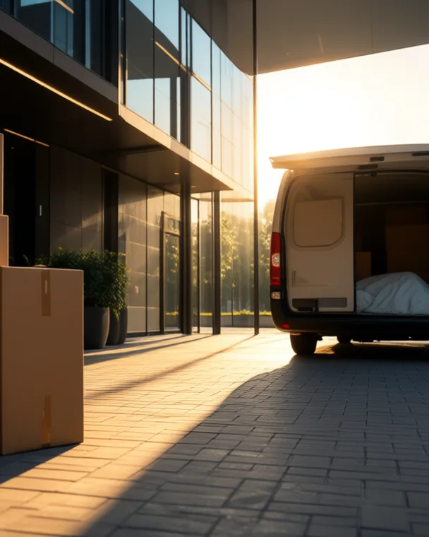 Umzug: Kartons vor einem Transporter am Eingang eines modernen Gebäudes bei Sonnenuntergang.