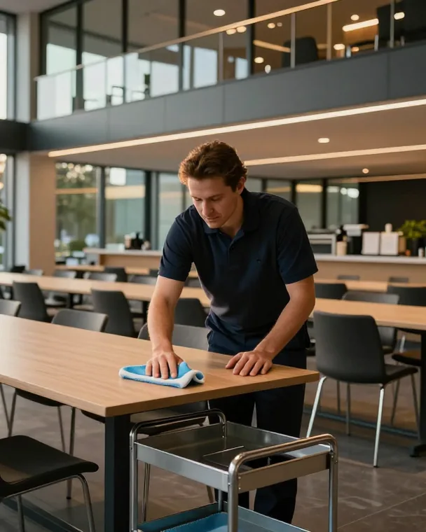 Unterhaltsreinigung: Reinigungskraft wischt einen langen Tisch in einer Betriebskantine